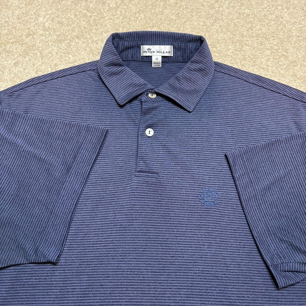 Peter Millar Polo Shirt Mens Medium Blue Striped Evanston Golf Club Polyester
